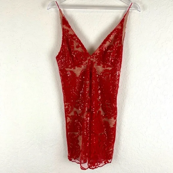 Free People Night Shimmers Mini Dress Red Lace Sequins Plunge V Party Dress - Picture 3 of 11
